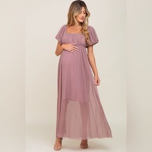 Pinkblush rubbed tulle puff sleeve maxi dress nwt